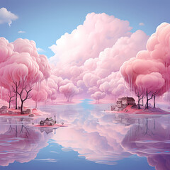 Poster - Surreal scene of floating islands in a cotton candy