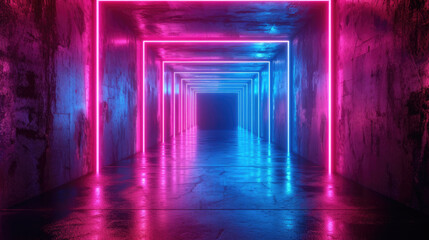 Neon concrete tunnel background, empty futuristic room with led lighting, interior of abstract modern hall or garage. Concept of warehouse, grungy corridor, future, studio, technology