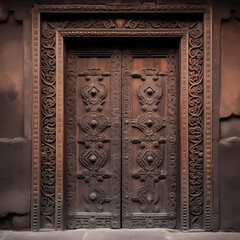 Wall Mural - A rustic wooden door with intricate carvings. 