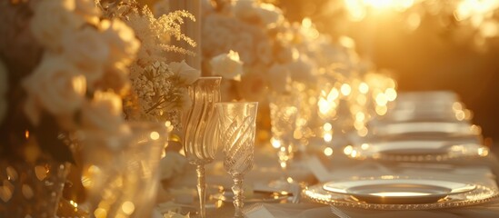 Luxury wedding dinner table set sparkling glassware and pristine white plates on sunset outdoor.