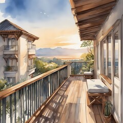 Wall Mural - wooden floor balcony oil painting
