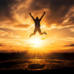 Wall Mural - A silhouette of a person jumping in front of a sunset