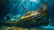 An old shipwreck with metallic sheen under deep blue ocean