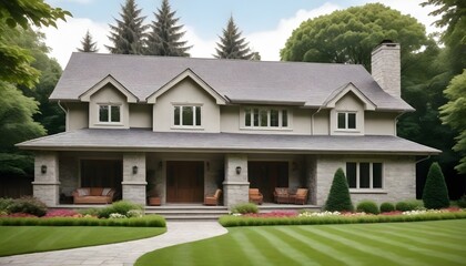 Wall Mural - A large modern house with light roofing, several dormer windows, and a mix of stone exterior, surrounded by a lush lawn with vibrant flowers, tall trees, and a cozy patio area with modern outdoor