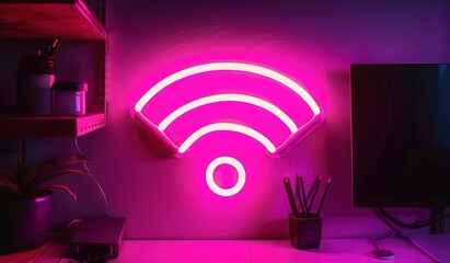 Poster - Light purple Wi-Fi signal coming from a round device on a textured surface