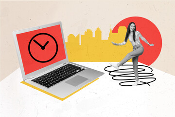 Sticker - Collage photo of funky businesswoman dancing boogie woogie toward laptop with timer on wallpaper isolated over city buildings background