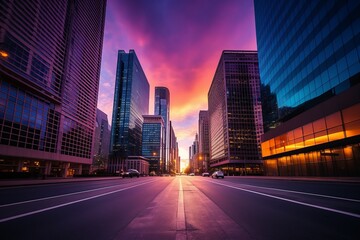 Canvas Print - A wide road in the middle of a city with tall buildings on both sides and a beautiful sunset in the background