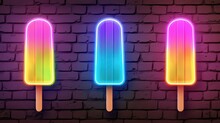 Glowing Neon Popsicle Ice Cream On Black Background. Colorful Outline Concept.