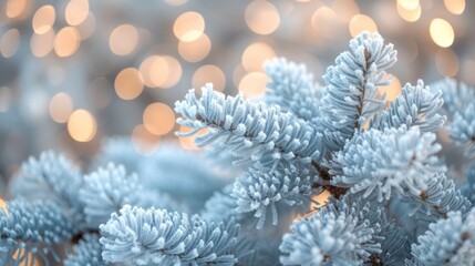 Canvas Print - Close-up of snow-covered fir tree branches with blurred lights in the background