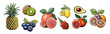 Set of different fruits. Tropical, exotic, fresh natural food. Pineapple, lemon, orange, avocado, kiwi, passion fruit, blueberries, grapefruit. Cartoon vector illustration on transparent background.