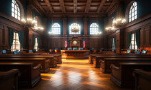 Elegant And Traditional Wooden Courtroom Interior With Judge's Bench, Witness Stand, And American Flag Symbolizing Justice And Legal Proceedings