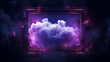 Neon photo frame border with thick floating fog smoke clouds on black background. Mock up template advertisement concept
