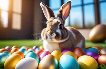 Wall Mural - Happy Easter bunny with many colorful Easter eggs. the rabbit smiles. 