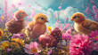crazy magical easter background, chocolate eggs and chicks 