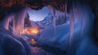 Mystical Frozen ice dark cave. Dangerous crystal sharp icicles lions hang from ceiling. Bright light arched entrance to grotto. Fabulous winter nature landmark. Beautiful cold season, Global warming.
