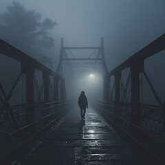 Poster - Moody image of a lone figure on a misty bridge.