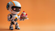 A playful lego automaton robot donning a cartoonish helmet holds a plate of cake, ready for some sweet action figure fun