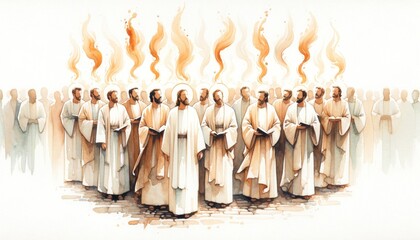 Wall Mural - Pentecost Sunday: The Holy Spirit Comes as Tongues of Fire. Digital illustration of the Holy Spirit descending on the believers. 