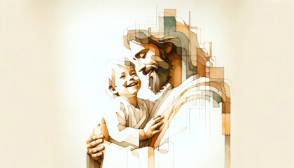 Digital composite image of Jesus Christ with a kid in his arms, smiling. Digital illustration.