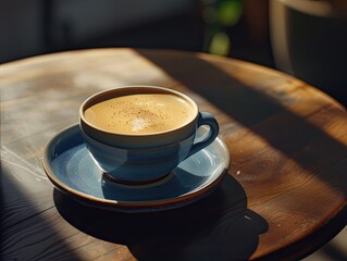 Canvas Print - cup of coffee in a blue cup with latte art in a beautiful aesthetic cafe on a black wooden table, morning lighting and cozy vibes , sfumato. depth of field