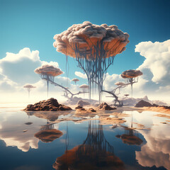 Sticker - Surreal desert landscape with floating islands in the sky.