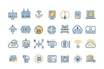 a set of 28 outline icons related to network and internet 