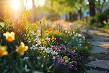 Wall Mural - Summer beautiful backyard with vibrant wildflowers and warm sunlight with copy space
