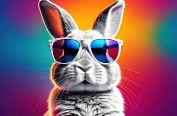 Wall Mural - Cool bunny with sunglasses on colorful background.