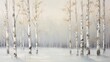 a painting of a winter scene with trees and snow on the ground.
