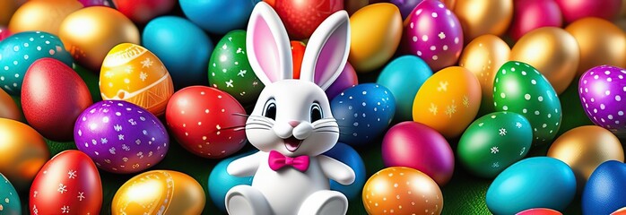 Wall Mural - Happy Easter bunny with many colorful Easter eggs. the rabbit smiles. eggs fly.