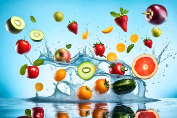 Fresh multi fruits and vegetables splashing into blue clear water splash healthy food diet freshness concept isolated on white background