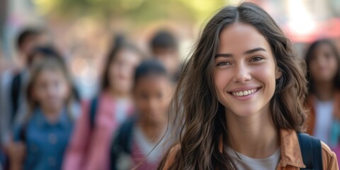 Young brunette cheerful female teacher or trainee student young woman smiling at camera with toothy smile on blight sunny day with children walking behind her
