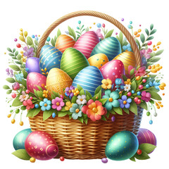  Realistic Beautiful Easter Basket Full of Eggs And Decorative Flowers, Easter Decor PNG Clipart