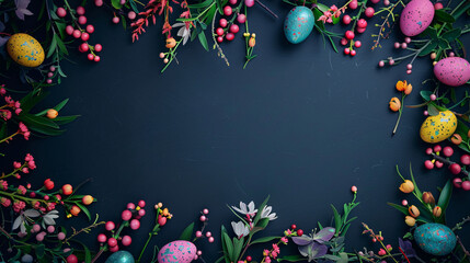 Wall Mural - easter eggs and flowers on black background with copy space area