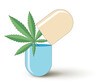 Cannabis Blatt in geöffneter Medizinkapsel,
Vektor Illustration isoliert auf weißem Hintergrund
