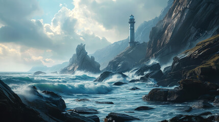 Wall Mural - Illustration of a lighthouse on a coast in strong waves
