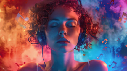  A woman with headphones is immersed in music, surrounded by vibrant neon colors and abstract shapes, with musical notes suggesting a deep connection to the rhythm and beat.