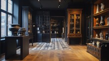 A Room With A Checkerboard Floor And Shelves Filled With Vases And Vases On Shelves And A Checkerboard Floor.