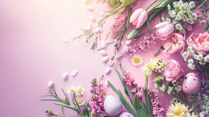 Canvas Print - easter eggs and flowers on pink background with copy space area