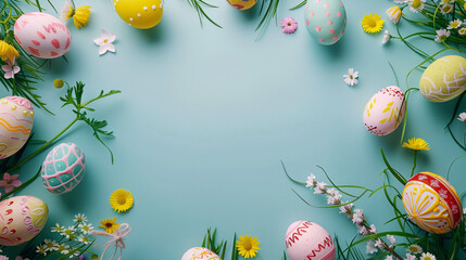 Wall Mural -  easter eggs on blue background with copy space area