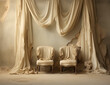 A pair of chairs are positioned in front of a curtain, creating a simple and functional setup.