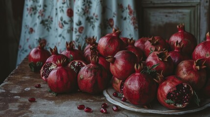 Wall Mural - a plate full of pomegranates sitting on a table next to a window with a curtain in the background.