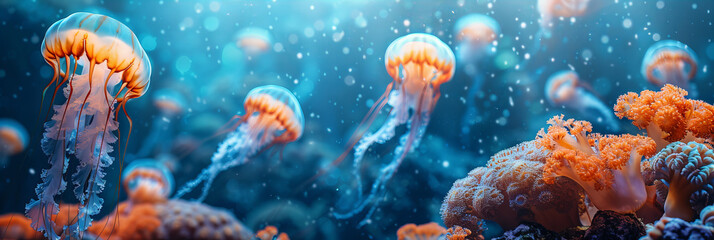 Jellyfish in the ocean with stunning coral reef in the background with vibrant colors. Wildlife concept banner with copy space.