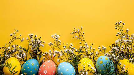 Wall Mural - easter eggs and flowers on yellow background with copy space area