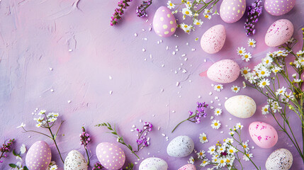 Wall Mural - easter eggs and flowers on purple   background with copy space area