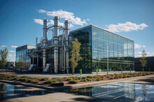 Modern Industrial Glass Building With Towering Chimneys Generative AI Image