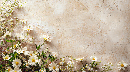 Wall Mural - easter eggs and flowers on brown background with copy space area