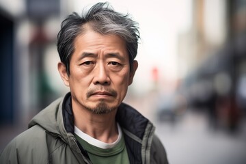 Wall Mural - Mature Asian man sad serious face on street