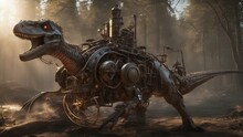 Tyrannosaurus Rex Dinosaur         A Dynamic Scene Of A Steampunk Dinosaur, With Wires, Propellers, And Guns,  