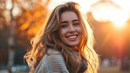 Wall Mural - Young smiling woman on the street at sunset. The concept of youth and optimism.